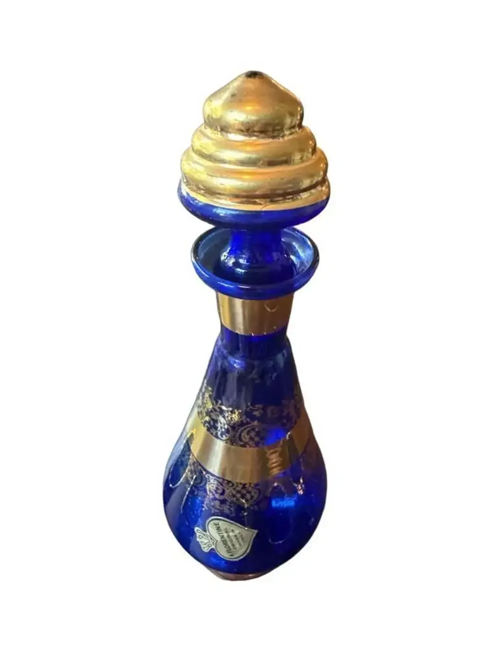 Florentine Decanter Set Cobalt Blue Gold Trim, Glass Stopper and 5 Cups